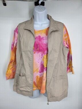 Koret Twin Set Size M Tan Zip Vest Pink Floral Beaded 3/4 Sleeve Top 2pc Casual